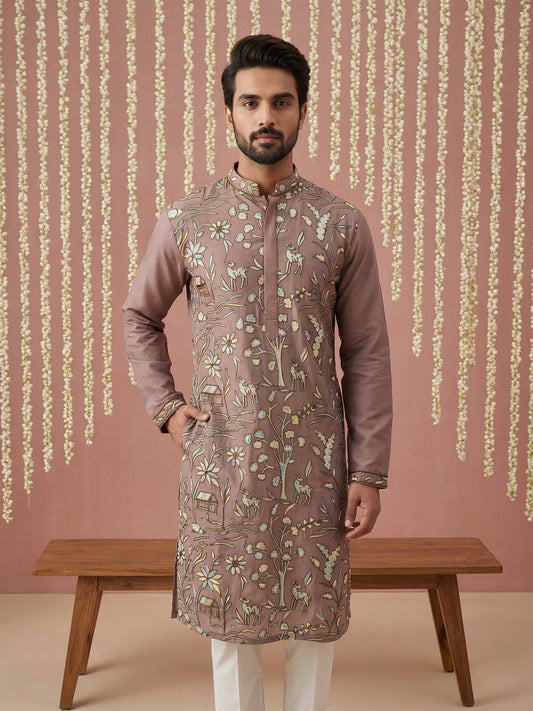 Silk Blend Designer Embroidered Kurta Set ( 65KP P 5445Brown S )