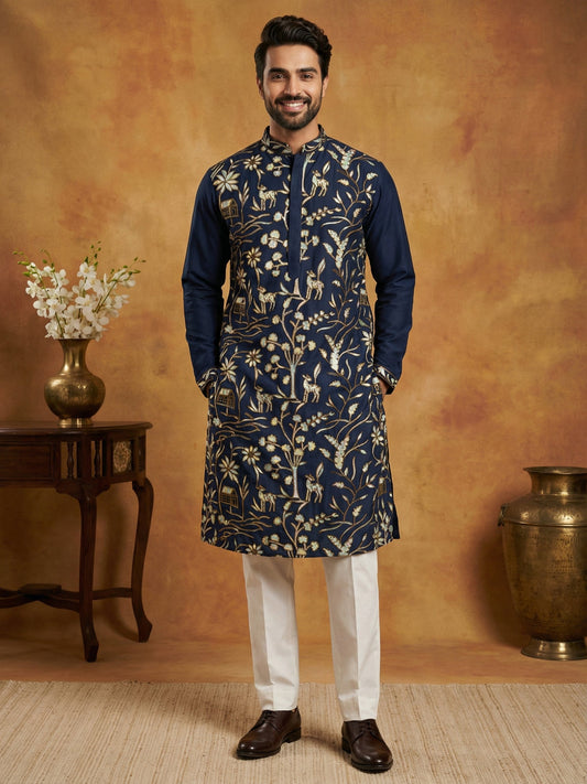 Silk Blend Designer Embroidered Kurta Set ( 65KP P 5445Navy S )