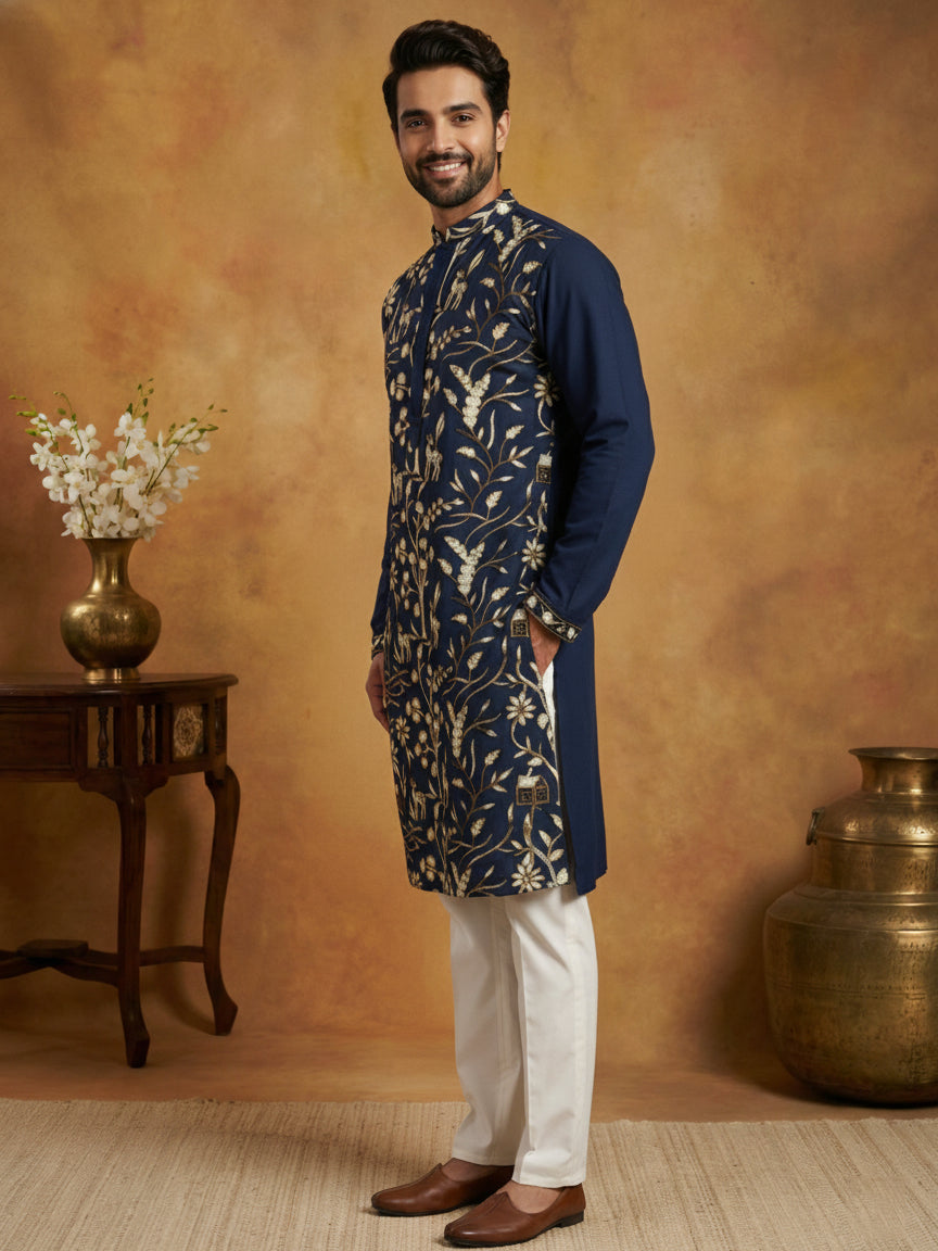 Silk Blend Designer Embroidered Kurta Set ( 65KP P 5445Navy S )