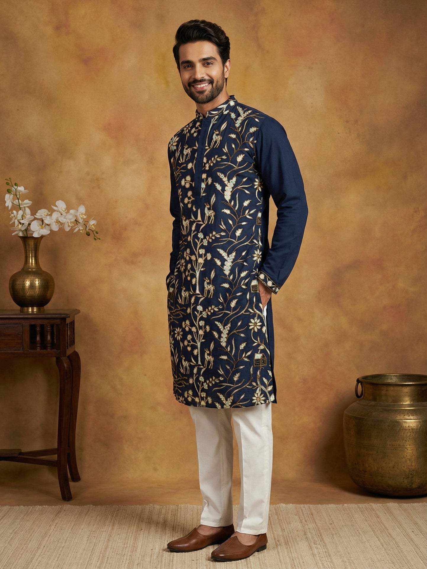 Silk Blend Designer Embroidered Kurta Set ( 65KP P 5445Navy S )