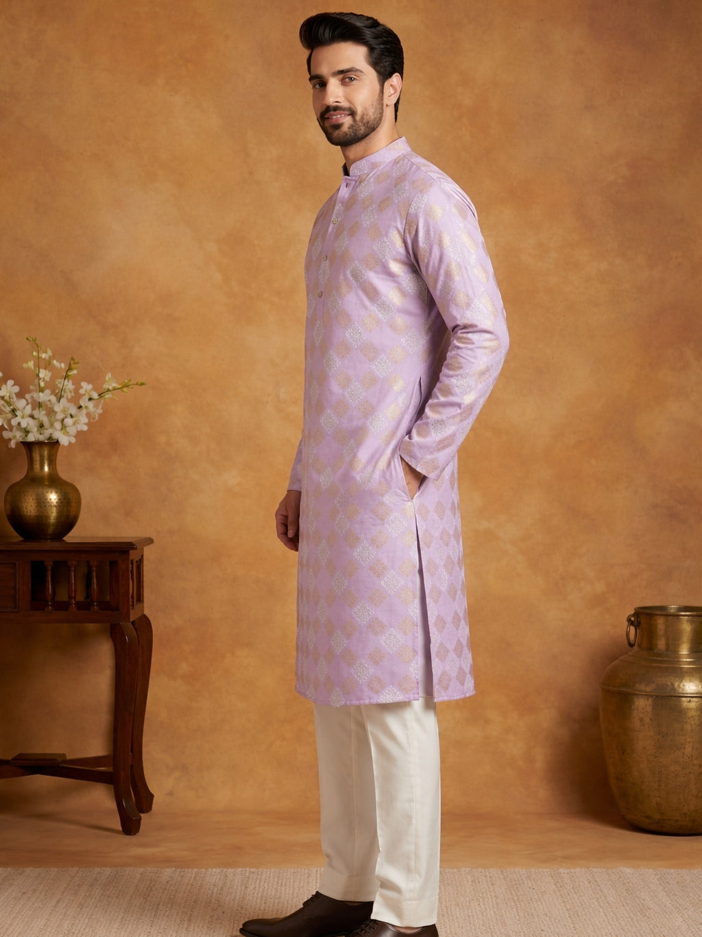 Men Cotton Blend Kurta Pyjama with Foil Print ( 65KP P 5446Lavender S ) [FF] [N-2]
