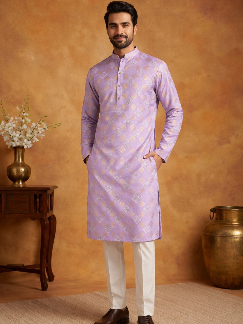 Men Cotton Blend Kurta Pyjama with Foil Print ( 65KP P 5446Lavender S ) [FF] [N-2]