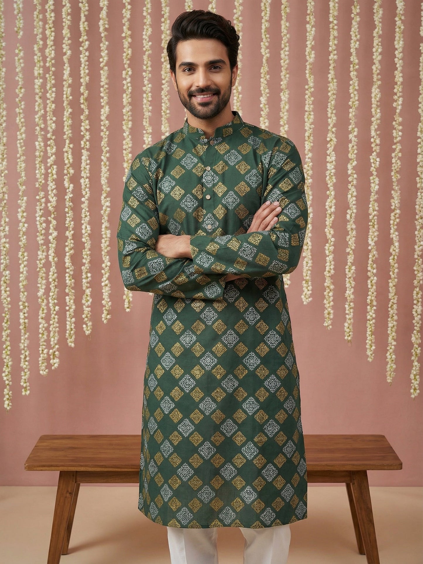 Men Cotton Blend Kurta Pyjama with Foil Print ( 65KP P 5446Olive S ) [FF] [N-2]