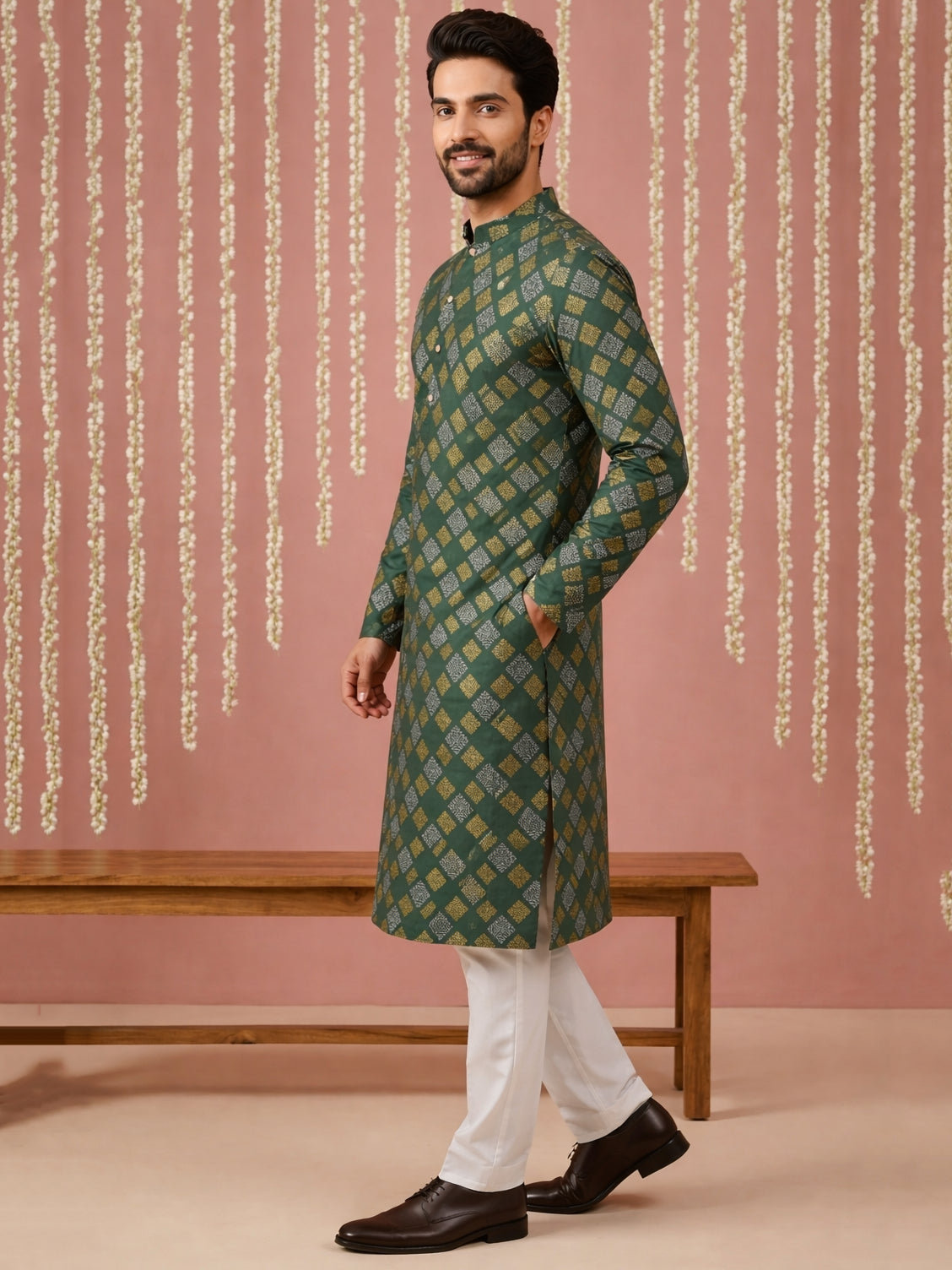 Men Cotton Blend Kurta Pyjama with Foil Print ( 65KP P 5446Olive S ) [FF] [N-2]