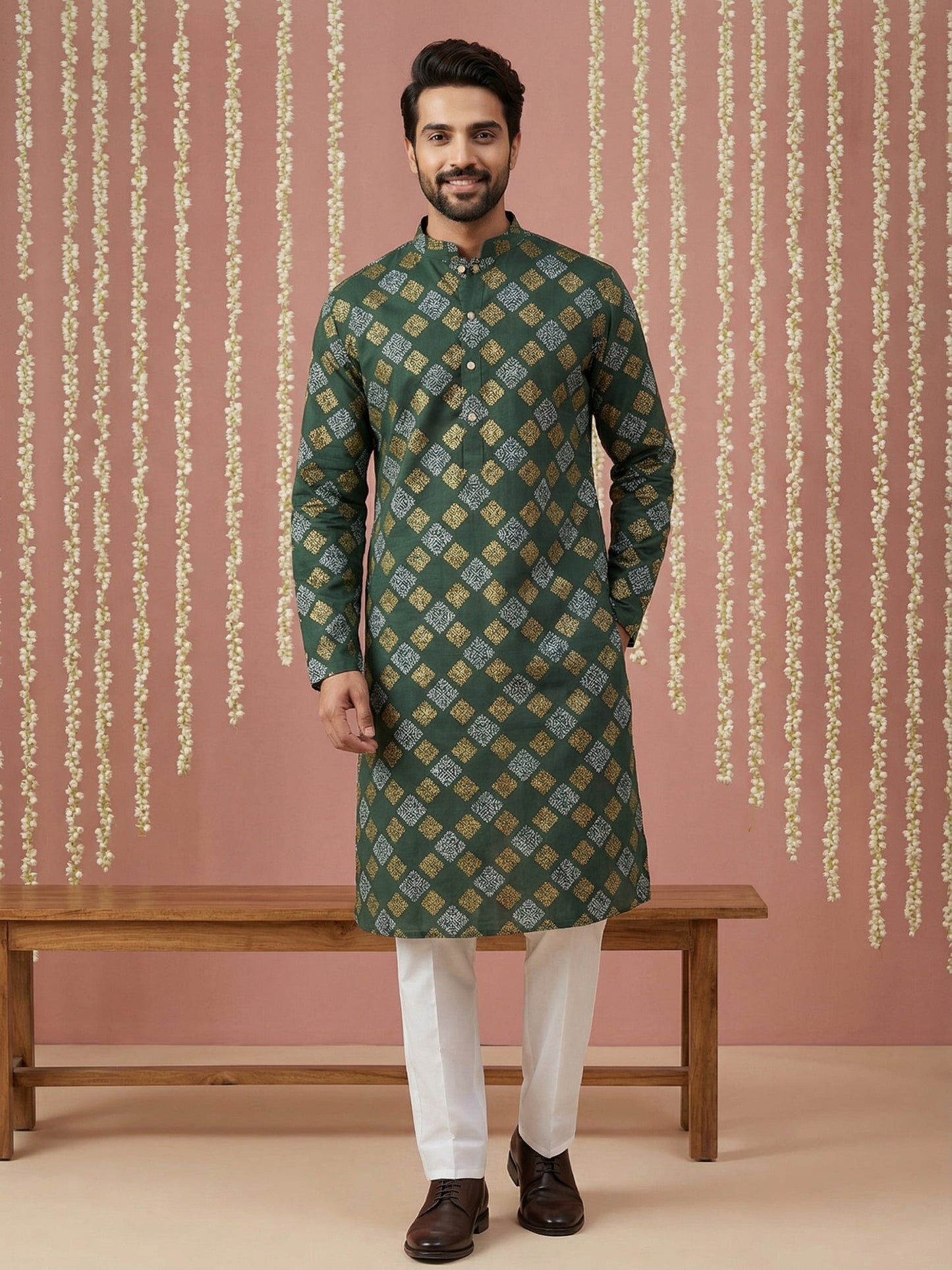 Men Cotton Blend Kurta Pyjama with Foil Print ( 65KP P 5446Olive S ) [FF] [N-2]