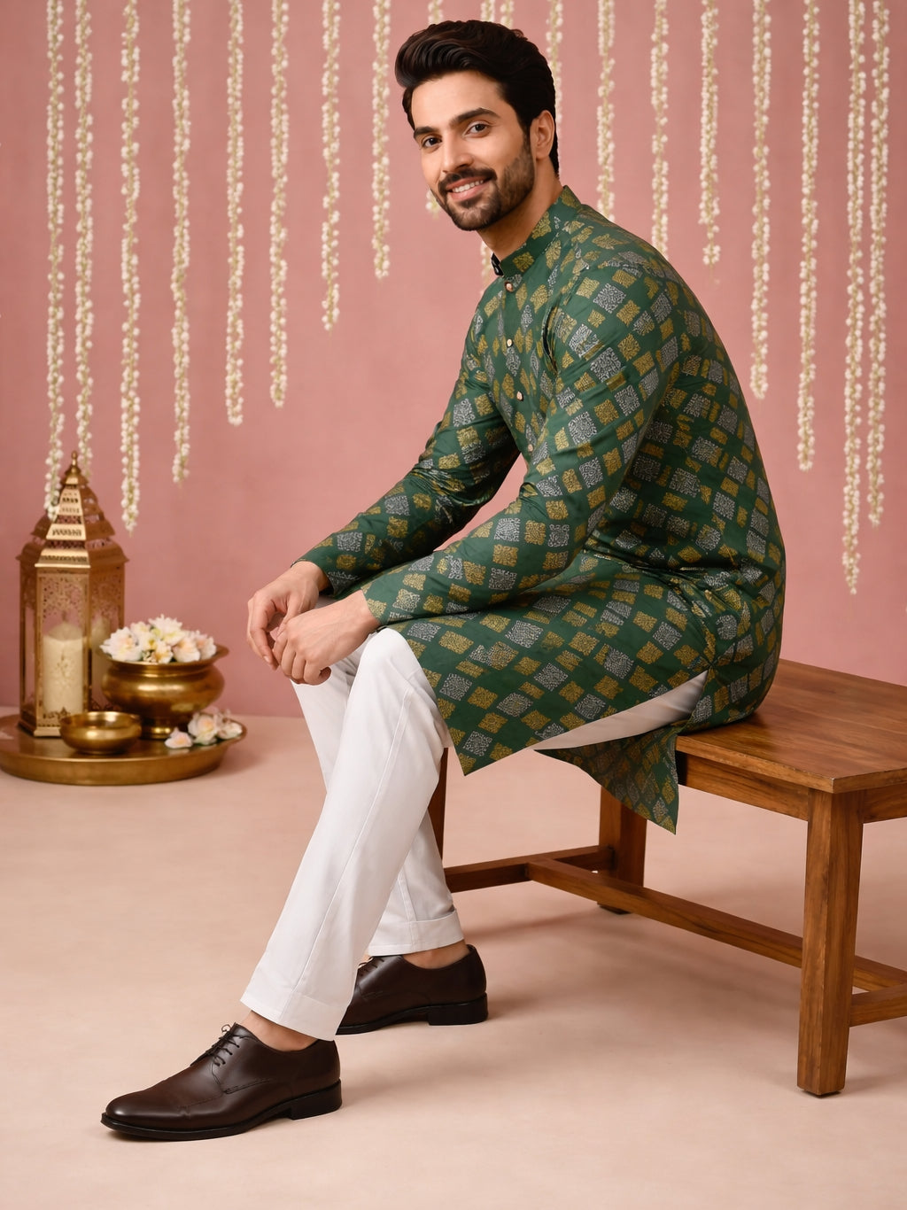 Men Cotton Blend Kurta Pyjama with Foil Print ( 65KP P 5446Olive S ) [FF] [N-2]