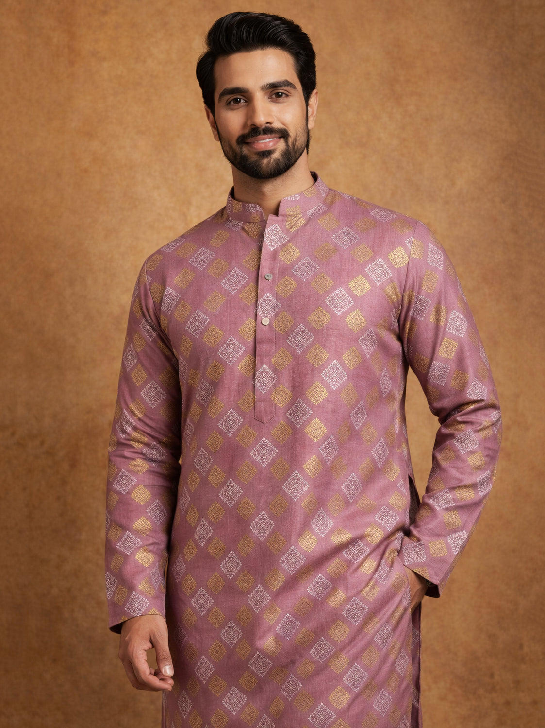 Men Cotton Blend Kurta Pyjama with Foil Print ( 65KP P 5446Peach S ) [FF] [N-2]