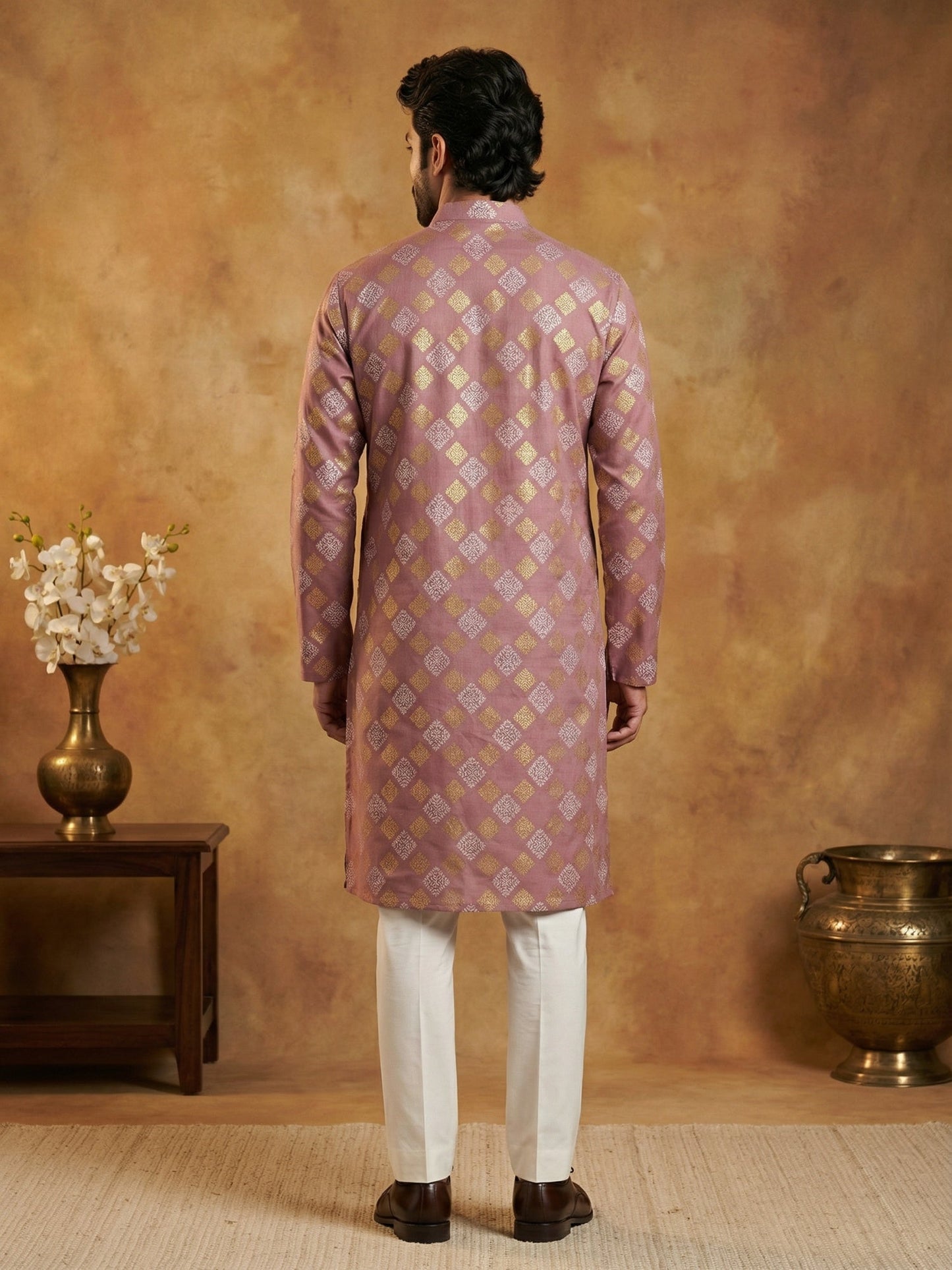 Men Cotton Blend Kurta Pyjama with Foil Print ( 65KP P 5446Peach S ) [FF] [N-2]