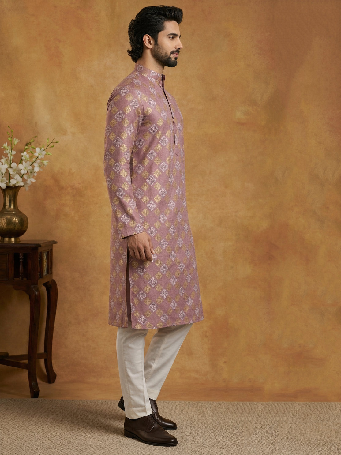 Men Cotton Blend Kurta Pyjama with Foil Print ( 65KP P 5446Peach S ) [FF] [N-2]
