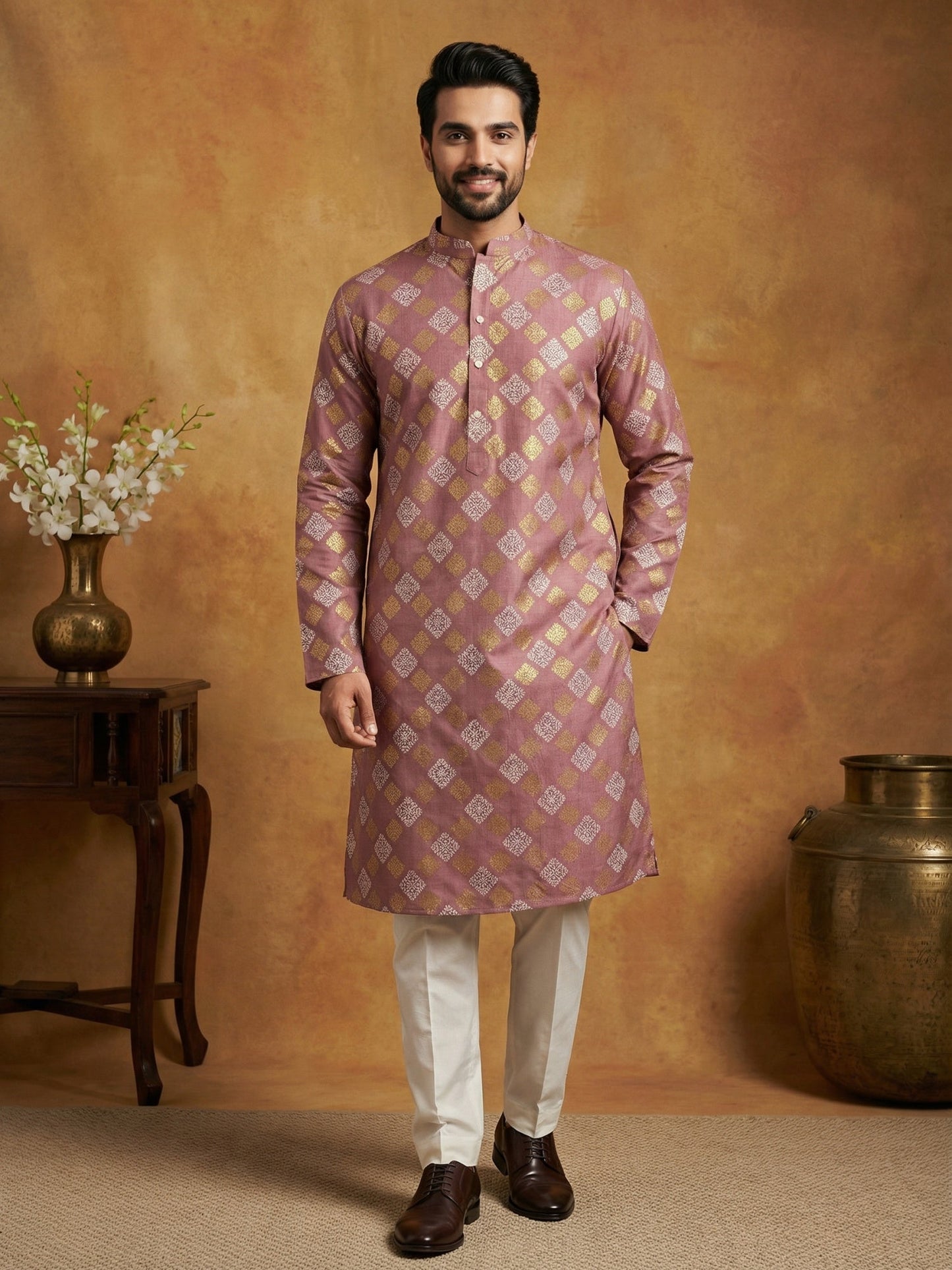 Men Cotton Blend Kurta Pyjama with Foil Print ( 65KP P 5446Peach S ) [FF] [N-2]
