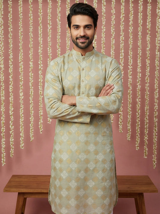 Men Cotton Blend Kurta Pyjama with Foil Print ( 65KP P 5446Pista S ) [FF] [N-2]
