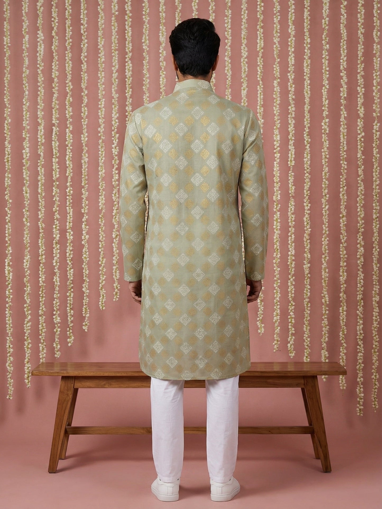 Men Cotton Blend Kurta Pyjama with Foil Print ( 65KP P 5446Pista S ) [FF] [N-2]