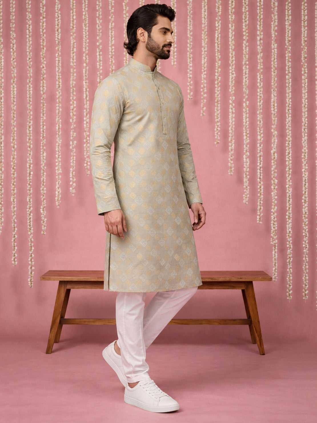 Men Cotton Blend Kurta Pyjama with Foil Print ( 65KP P 5446Pista S ) [FF] [N-2]