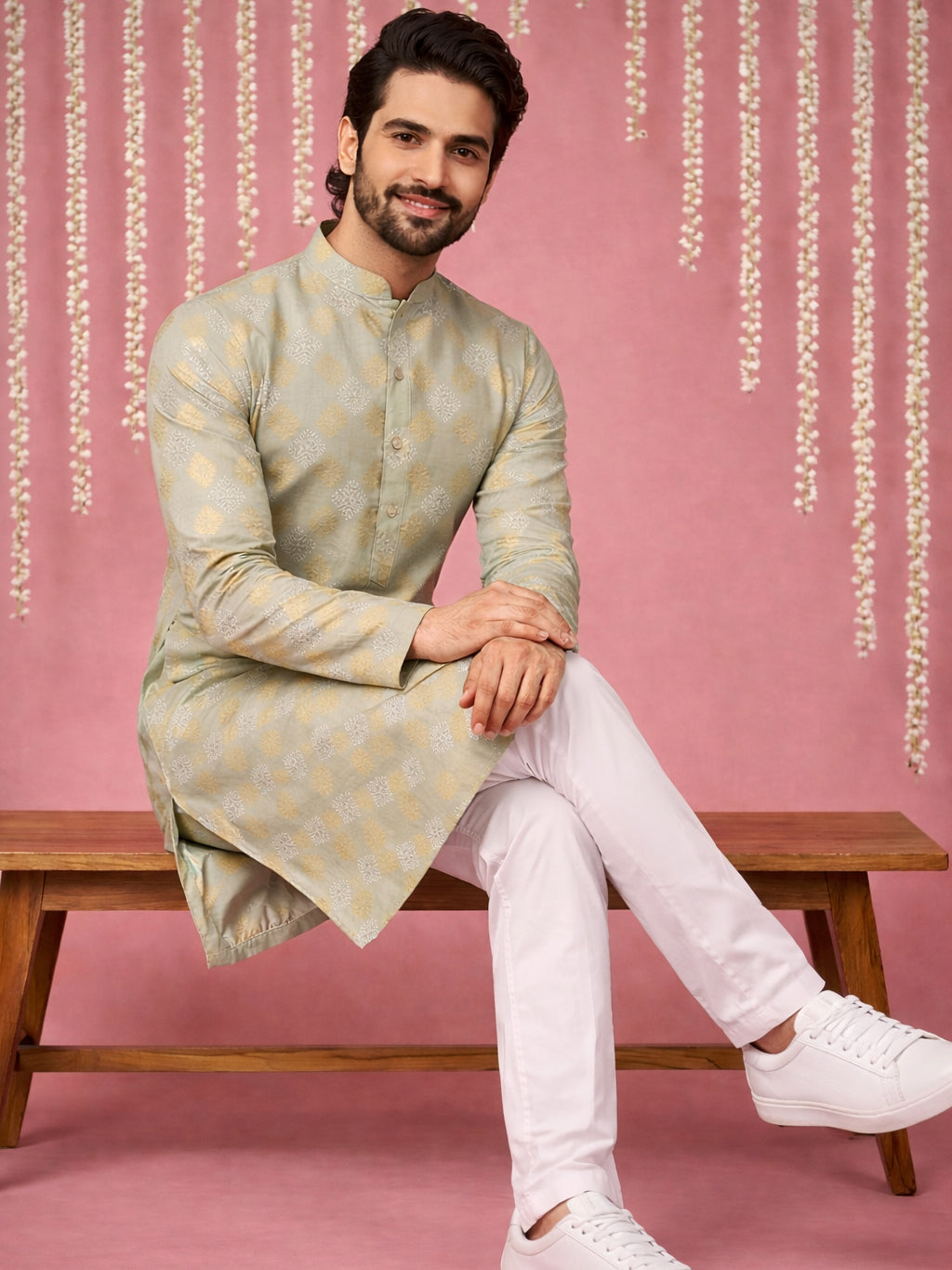 Men Cotton Blend Kurta Pyjama with Foil Print ( 65KP P 5446Pista S ) [FF] [N-2]