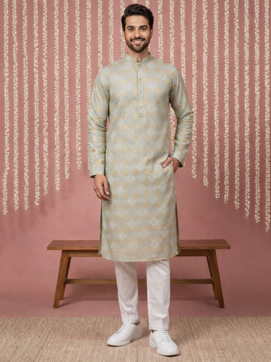 Men Cotton Blend Kurta Pyjama with Foil Print ( 65KP P 5446Pista S ) [FF] [N-2]