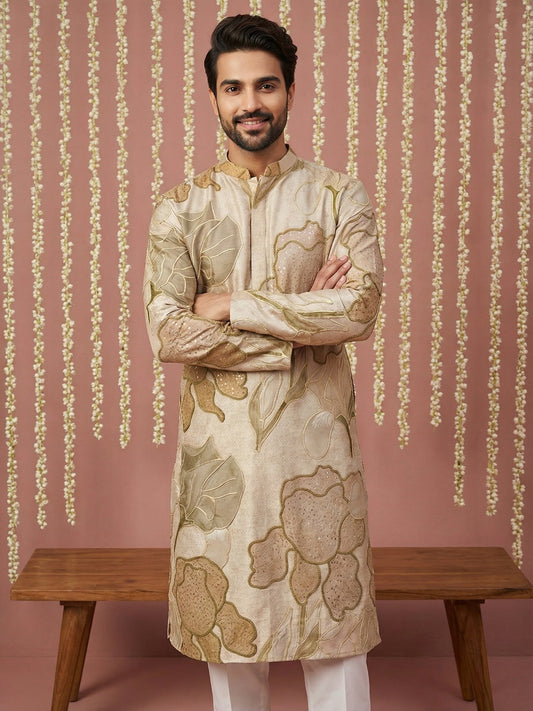 Silk Blend Kurta Pyjama with Embroidery and Print ( 65KP P 5447Beige S ) [FF] [A-1-4]