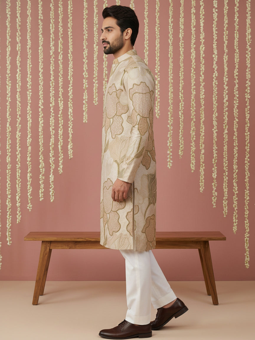 Silk Blend Kurta Pyjama with Embroidery and Print ( 65KP P 5447Beige S ) [FF] [A-1-4]