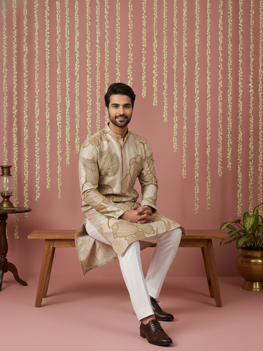 Silk Blend Kurta Pyjama with Embroidery and Print ( 65KP P 5447Beige S ) [FF] [A-1-4]