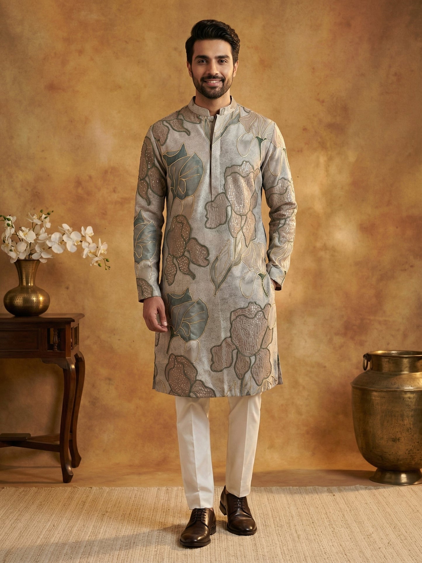 Silk Blend Kurta Pyjama with Embroidery and Print ( 65KP P 5447Grey S ) [FF] [A-1-4]