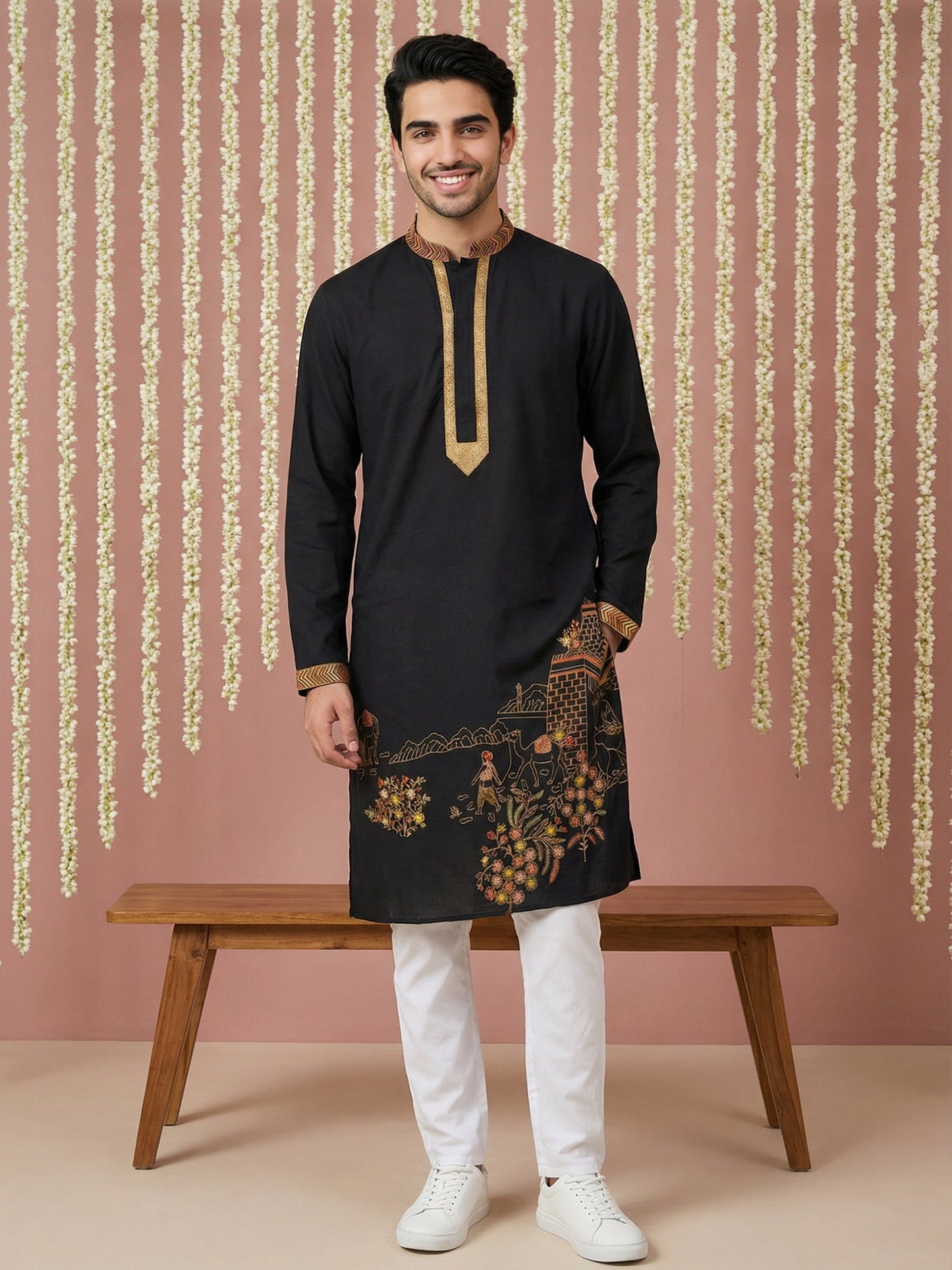 Men Embroidered Silk Blend Kurta Set ( 65KP P 5449Black S ) [FF] [ A3 & A2 ]