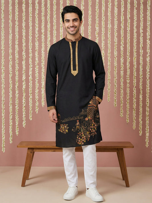 Men Embroidered Silk Blend Kurta Set ( 65KP P 5449Black S ) [FF] [ A3 & A2 ]