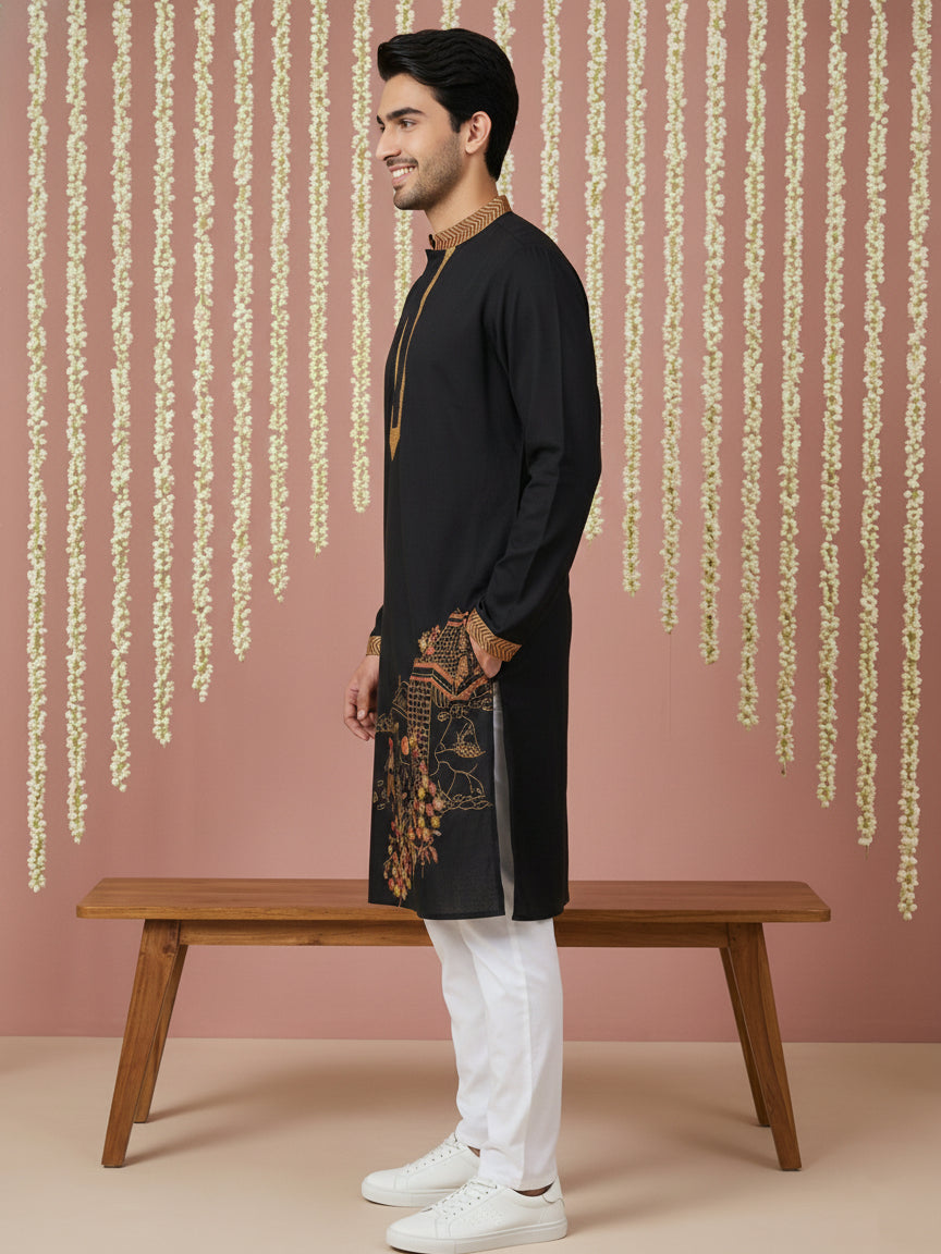Men Embroidered Silk Blend Kurta Set ( 65KP P 5449Black S ) [FF] [ A3 & A2 ]