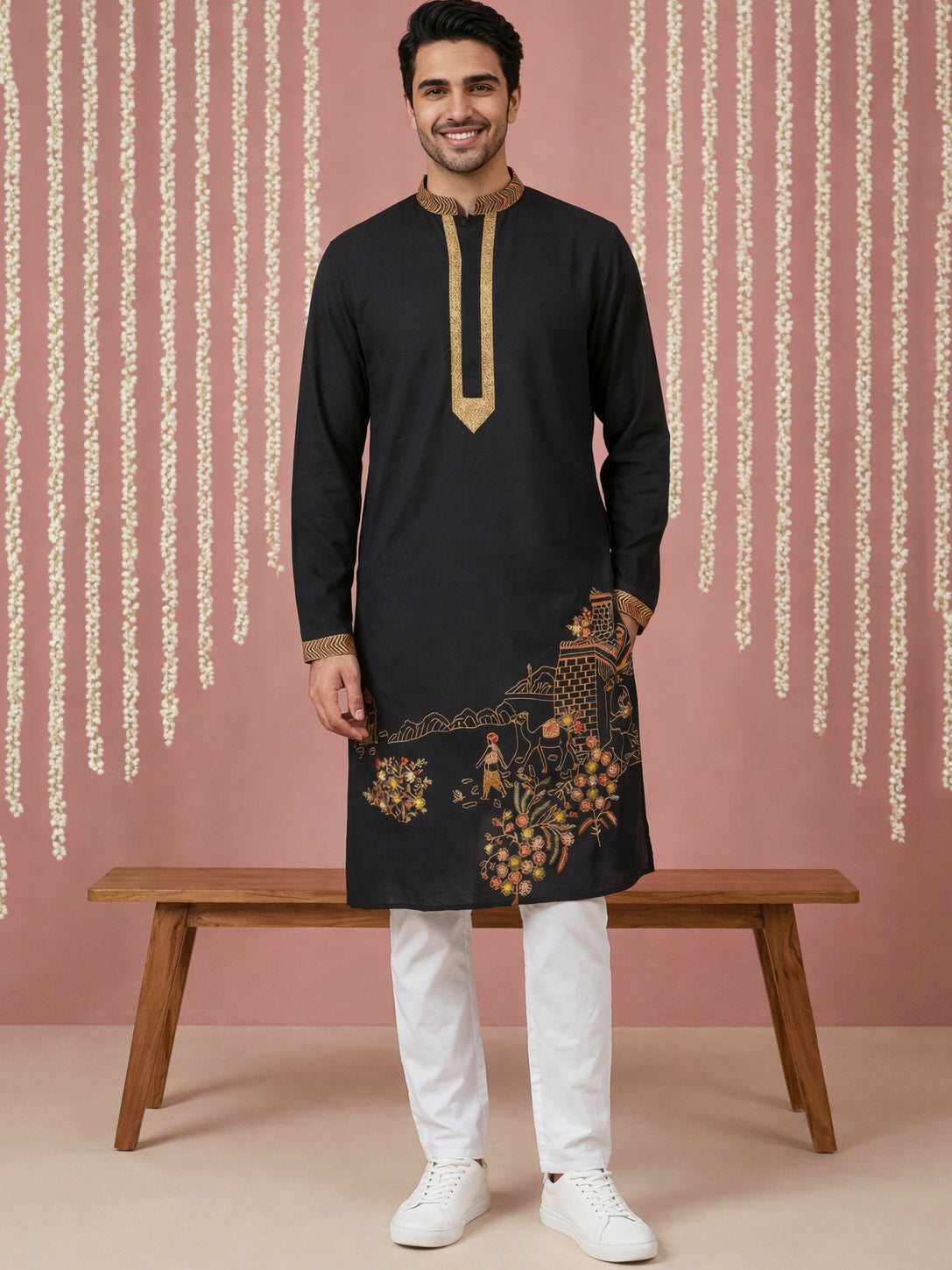 Men Embroidered Silk Blend Kurta Set ( 65KP P 5449Black S ) [FF] [ A3 & A2 ]