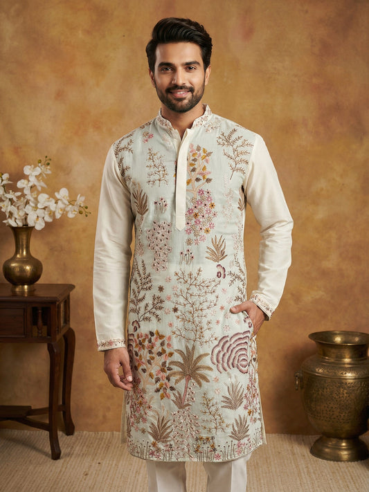 Men Embroidered Silk Blend Kurta Set ( 65KP P 5450White S ) [FF] [Q-11-14]
