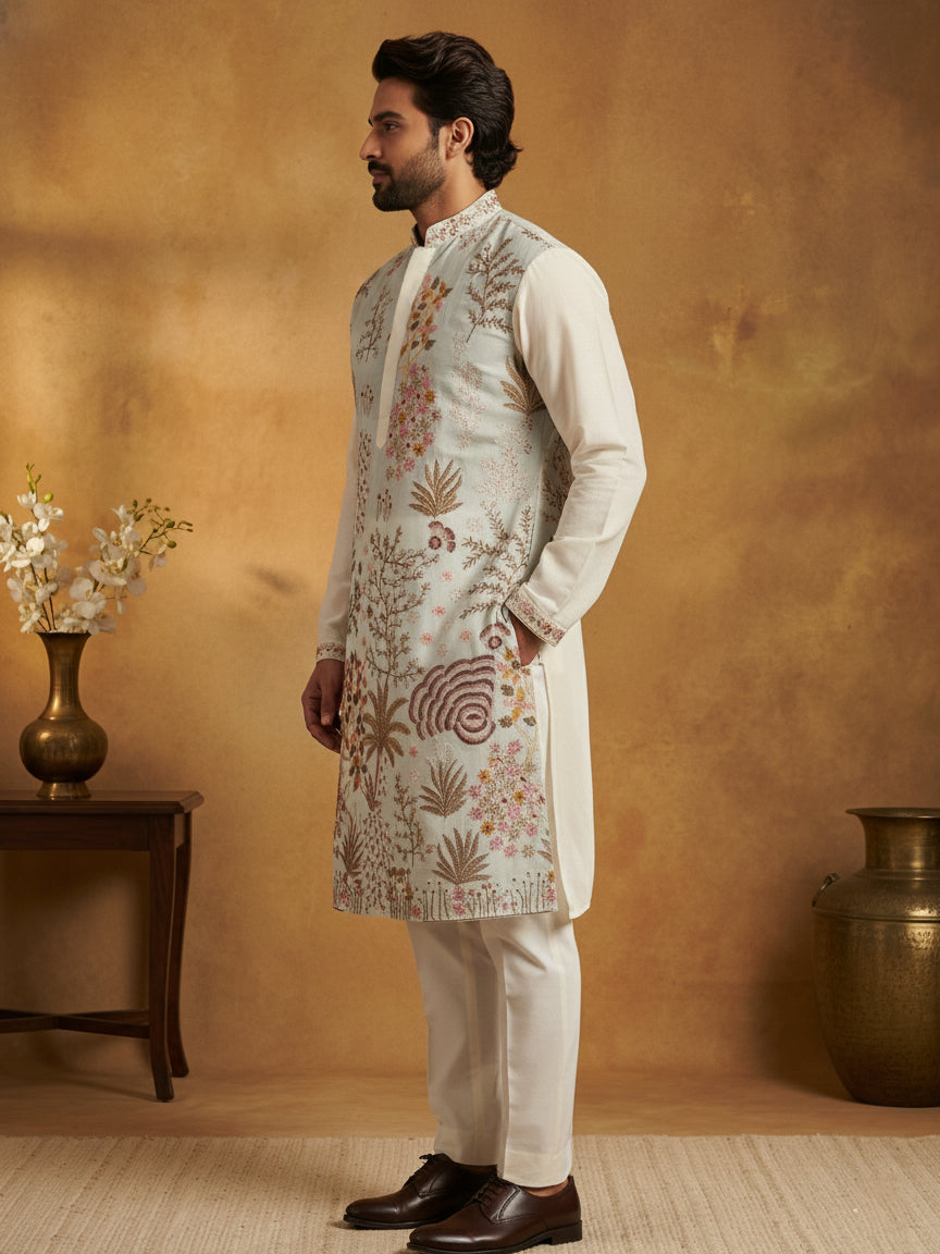 Men Embroidered Silk Blend Kurta Set ( 65KP P 5450White S ) [FF] [Q-11-14]