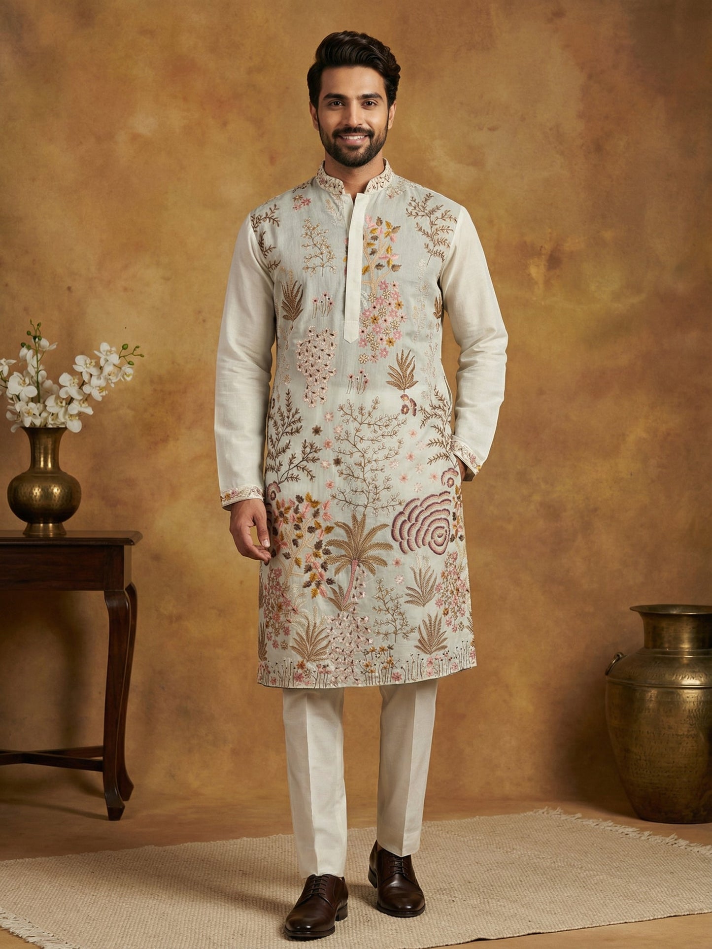 Men Embroidered Silk Blend Kurta Set ( 65KP P 5450White S ) [FF] [Q-11-14]