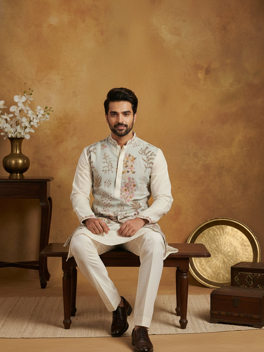 Men Embroidered Silk Blend Kurta Set ( 65KP P 5450White S ) [FF] [Q-11-14]