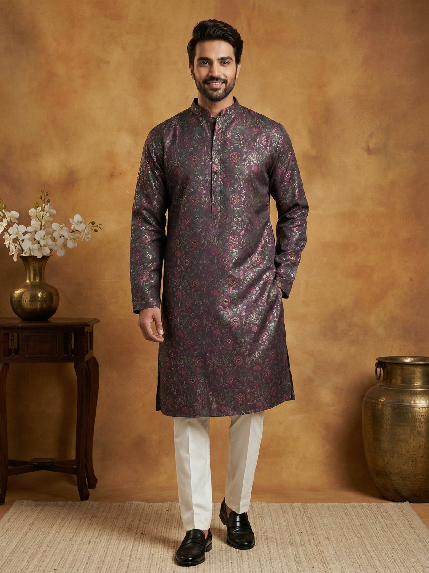 Men Cotton Blend Kurta Pyjama with Foil Print ( 65KP P 5452Maroon S ) [FF] [Q-11-14]
