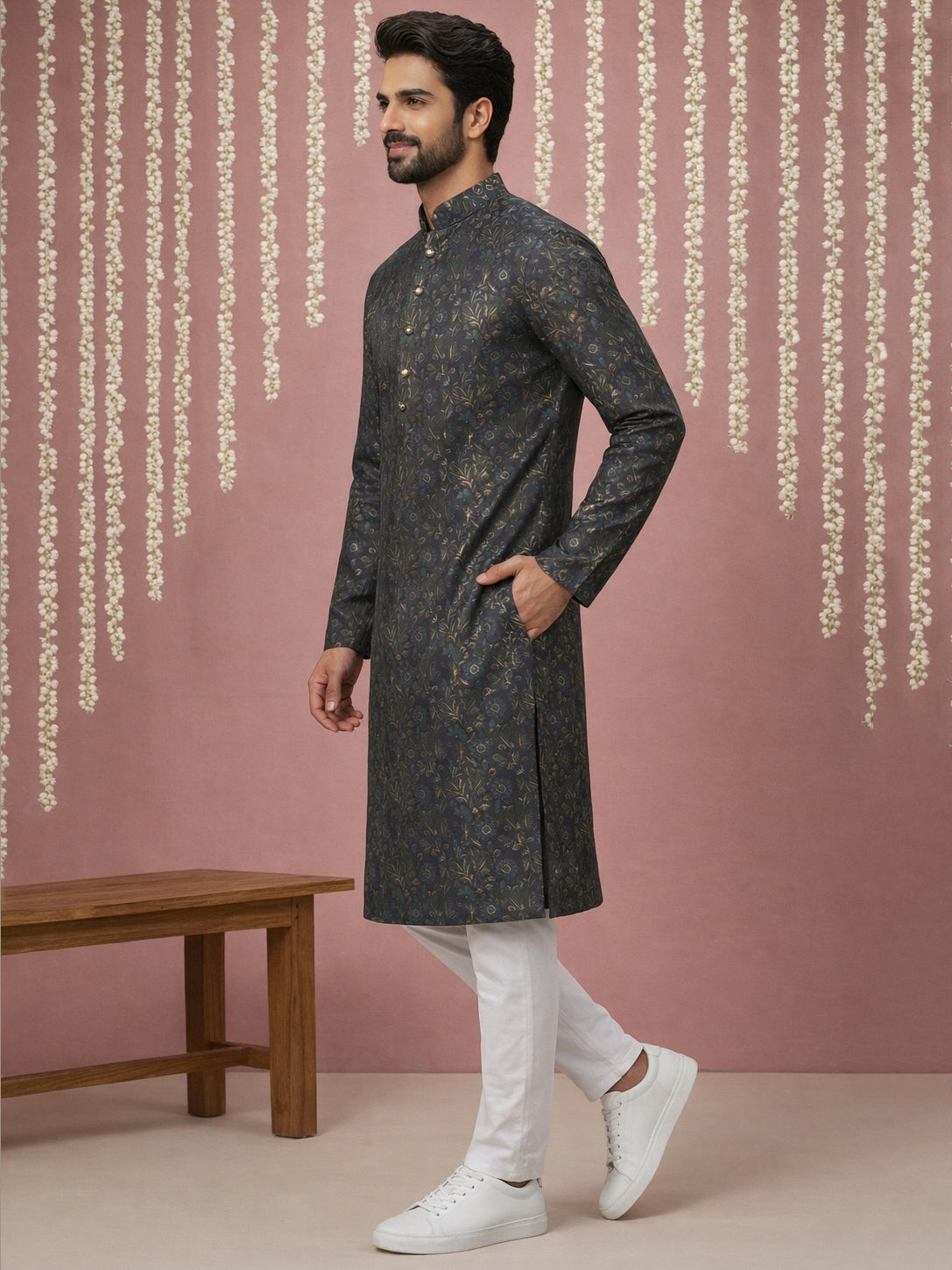 Men Cotton Blend Kurta Pyjama with Foil Print ( 65KP P 5452Navy S ) [FF] [Q-11-14]
