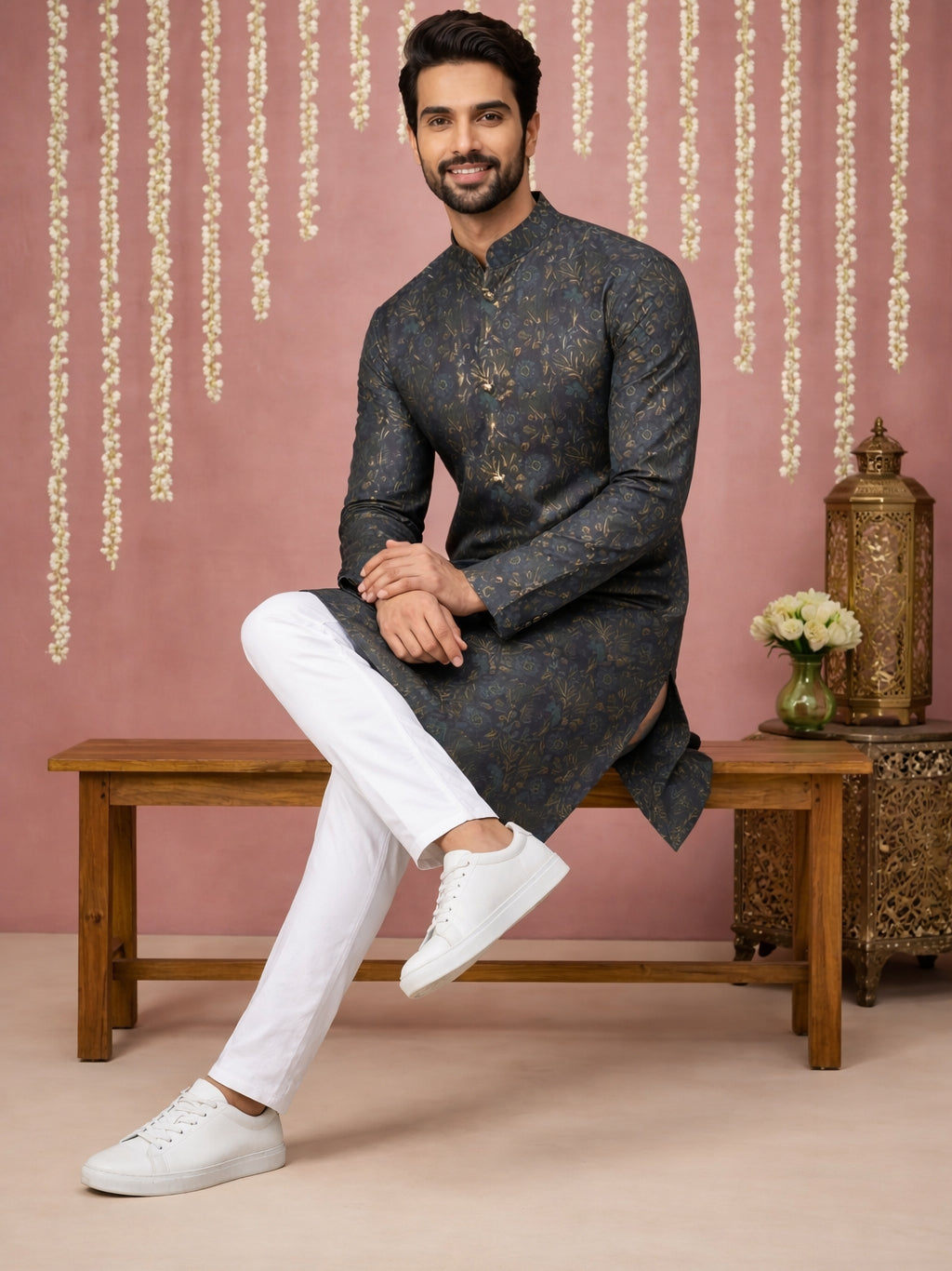 Men Cotton Blend Kurta Pyjama with Foil Print ( 65KP P 5452Navy S ) [FF] [Q-11-14]