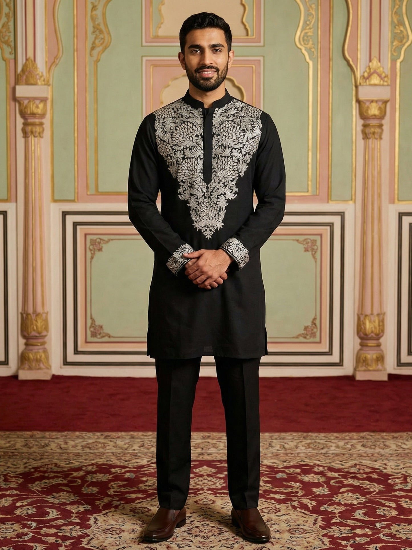 Japanese Fabric Embroidered Kurta Pyjama ( 65KP B-P 5453Black S )