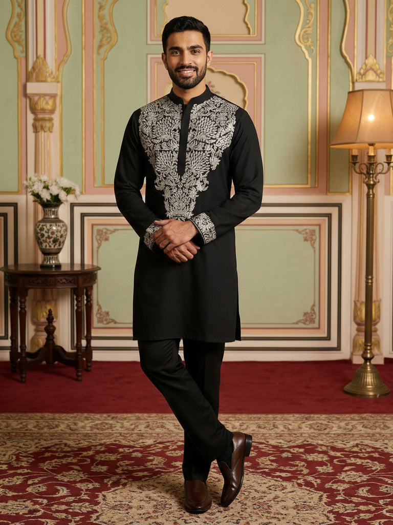 Japanese Fabric Embroidered Kurta Pyjama ( 65KP B-P 5453Black S )