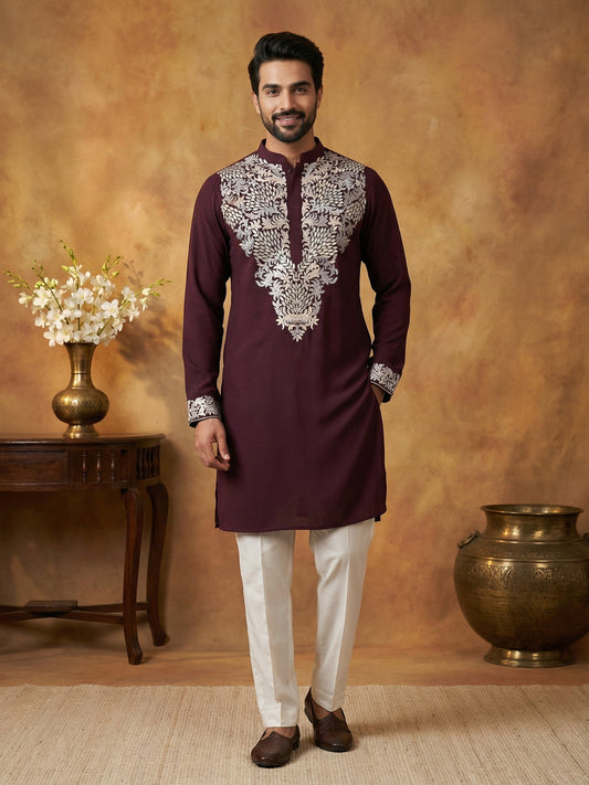 Japanese Fabric Embroidered Kurta Pyjama ( 65KP P 5453Purple S )