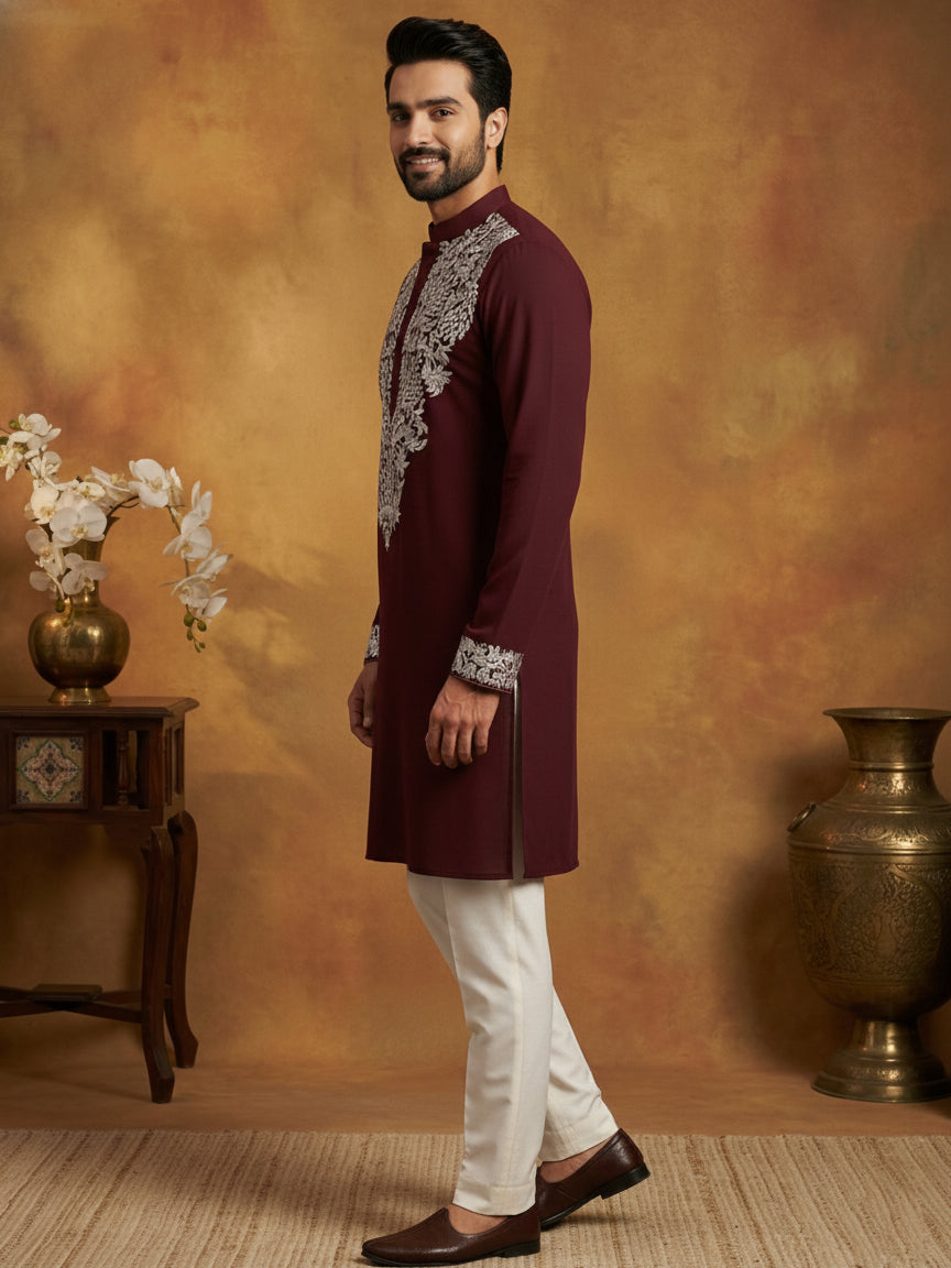 Japanese Fabric Embroidered Kurta Pyjama ( 65KP P 5453Purple S )