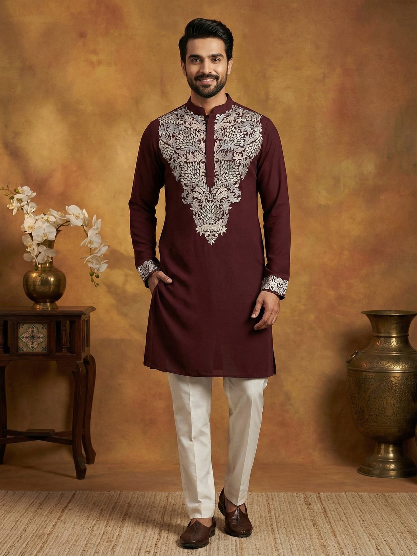 Japanese Fabric Embroidered Kurta Pyjama ( 65KP P 5453Purple S )