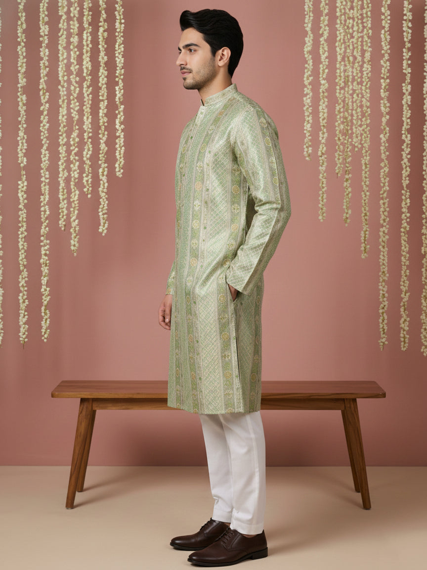 Men Silk Blend Embroidered Kurta Pyjama Set ( 65KP P 5454Green S ) [FF] [A-1-4]