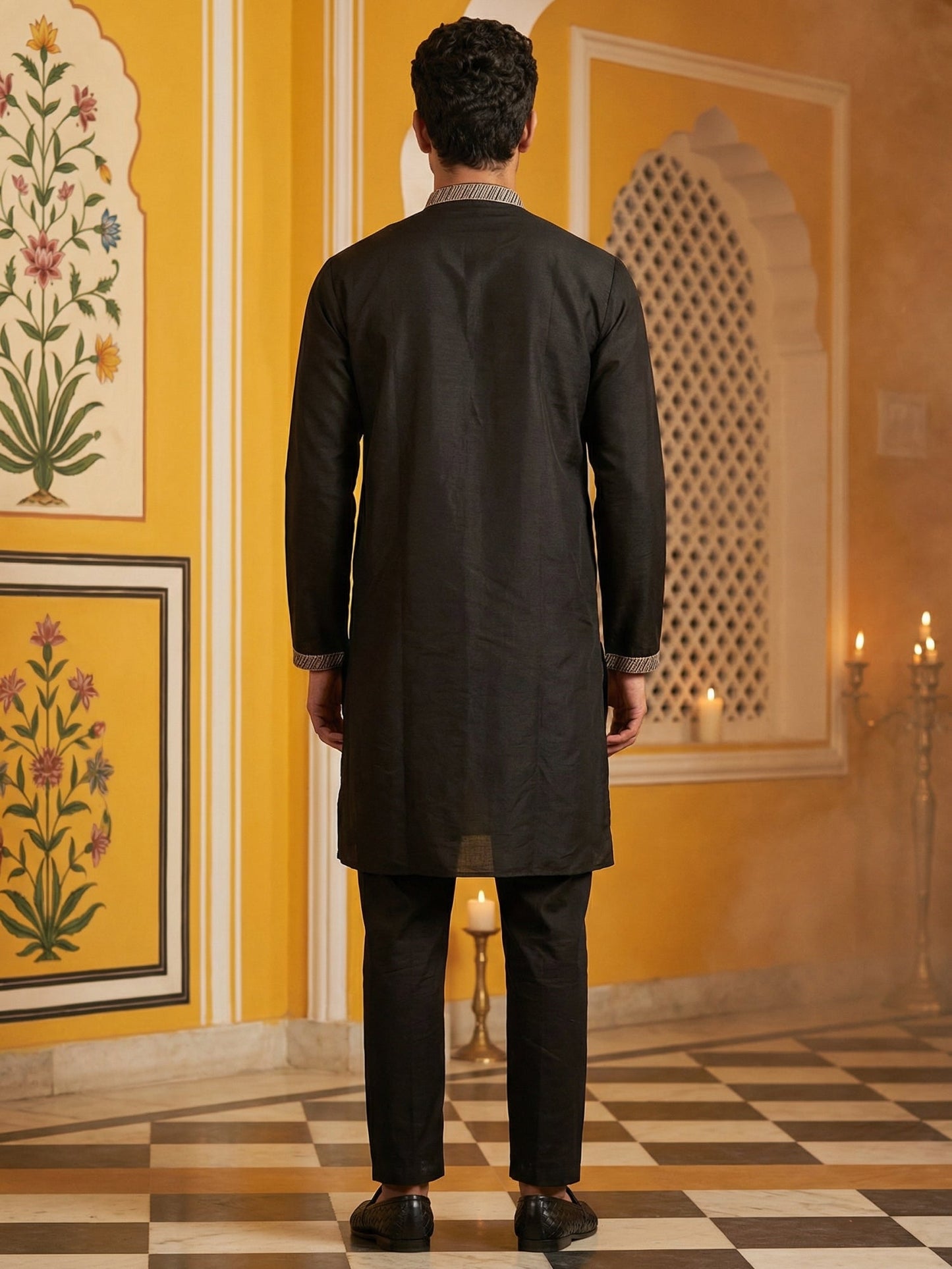 Black Silk Blend Embroidered Kurta Pyjama ( 65KP B-P 5457Black )