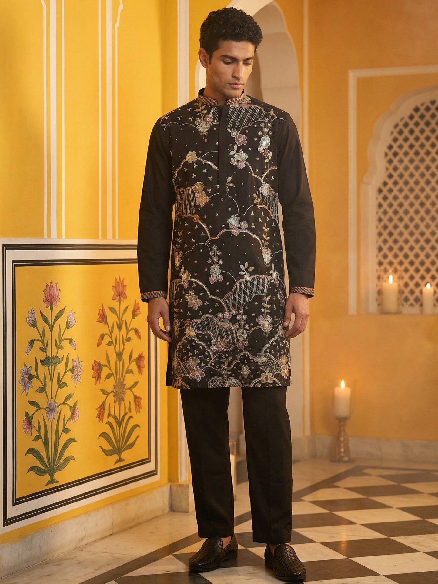 Black Silk Blend Embroidered Kurta Pyjama ( 65KP B-P 5457Black )