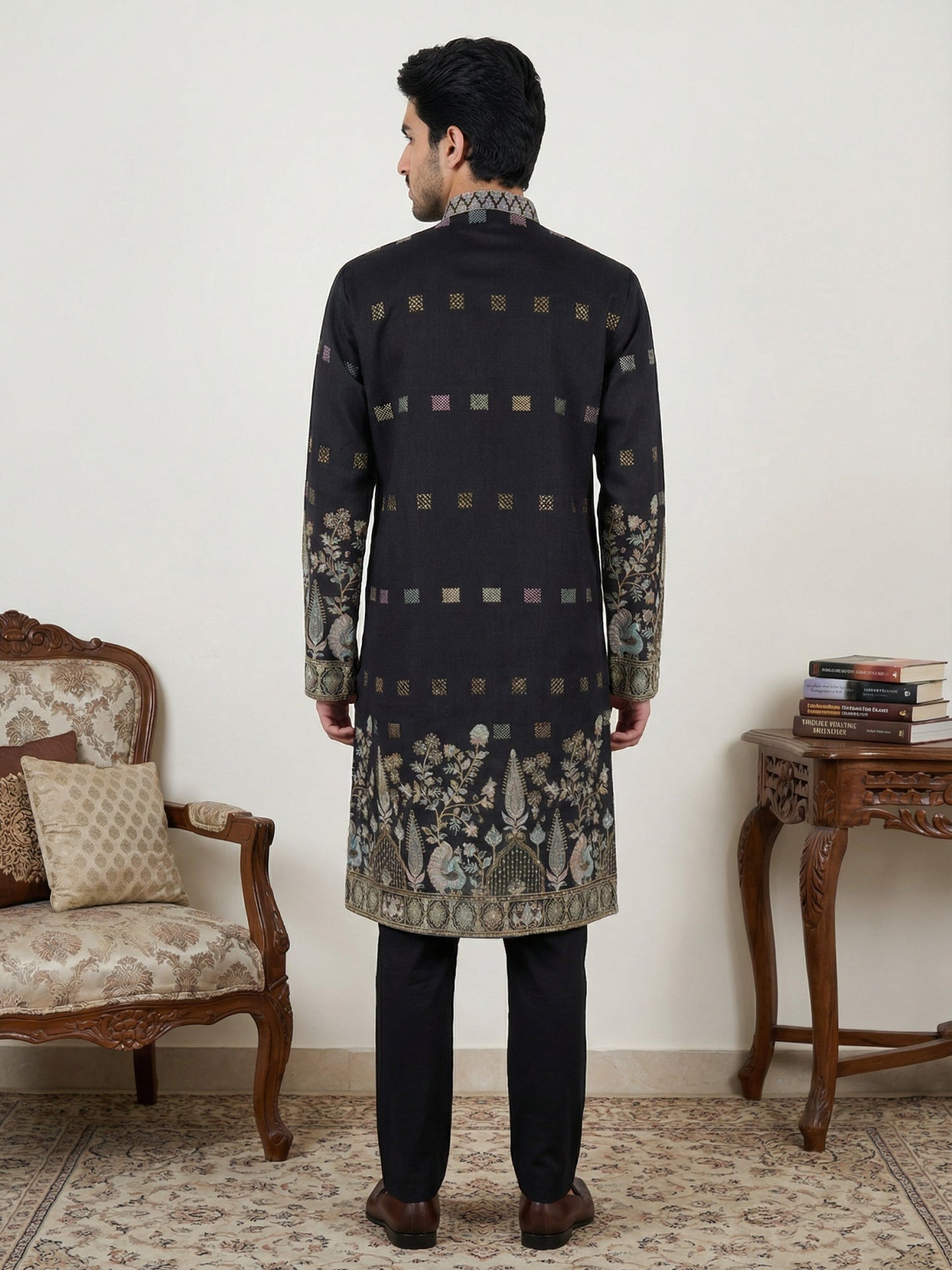 Men Silk Blend Embroidered Kurta Pyjama Set ( 65KP B-P 5458Black S )