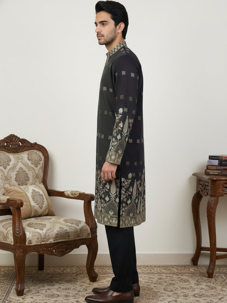 Men Silk Blend Embroidered Kurta Pyjama Set ( 65KP B-P 5458Black S )