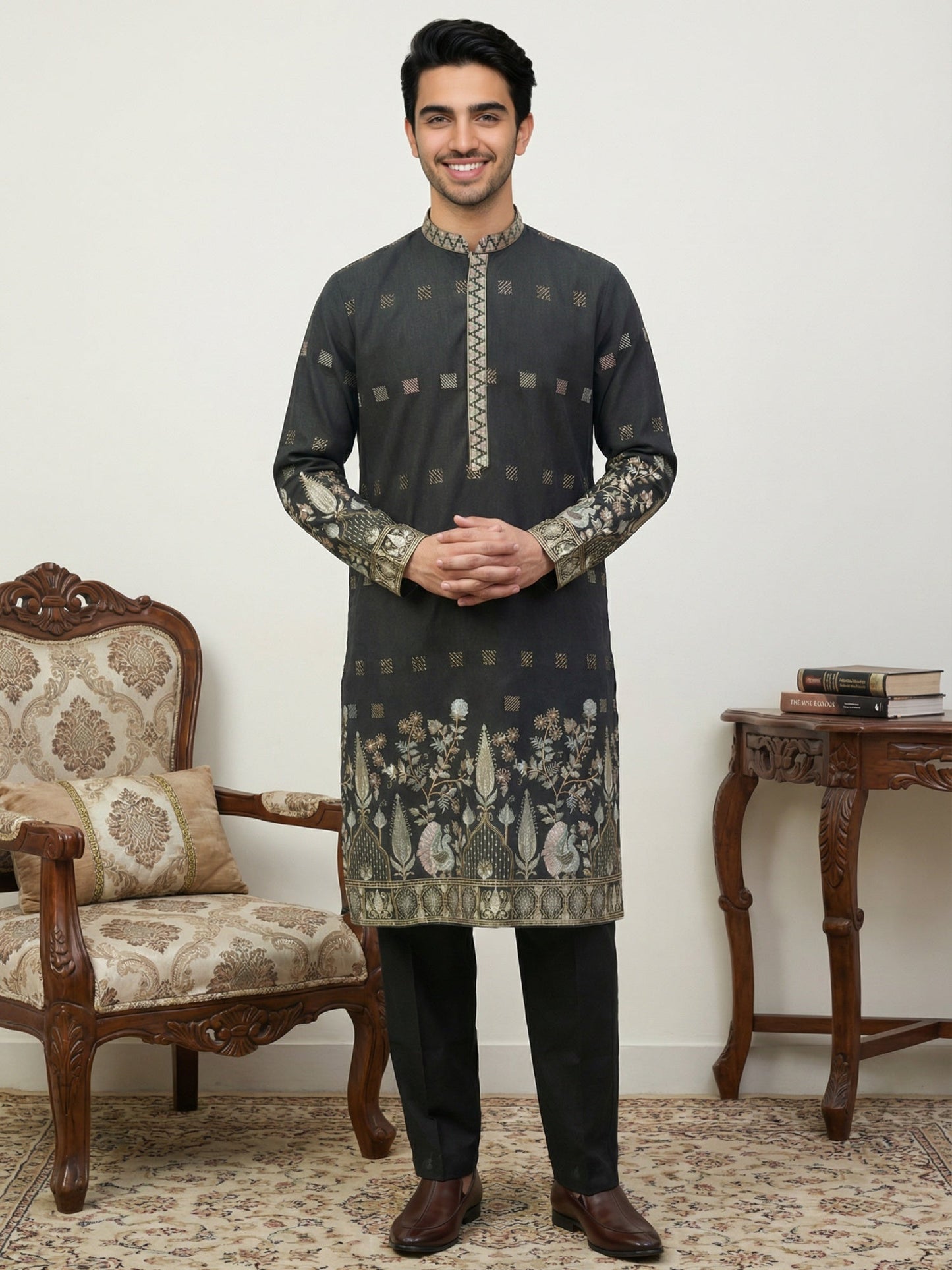 Men Silk Blend Embroidered Kurta Pyjama Set ( 65KP B-P 5458Black S )