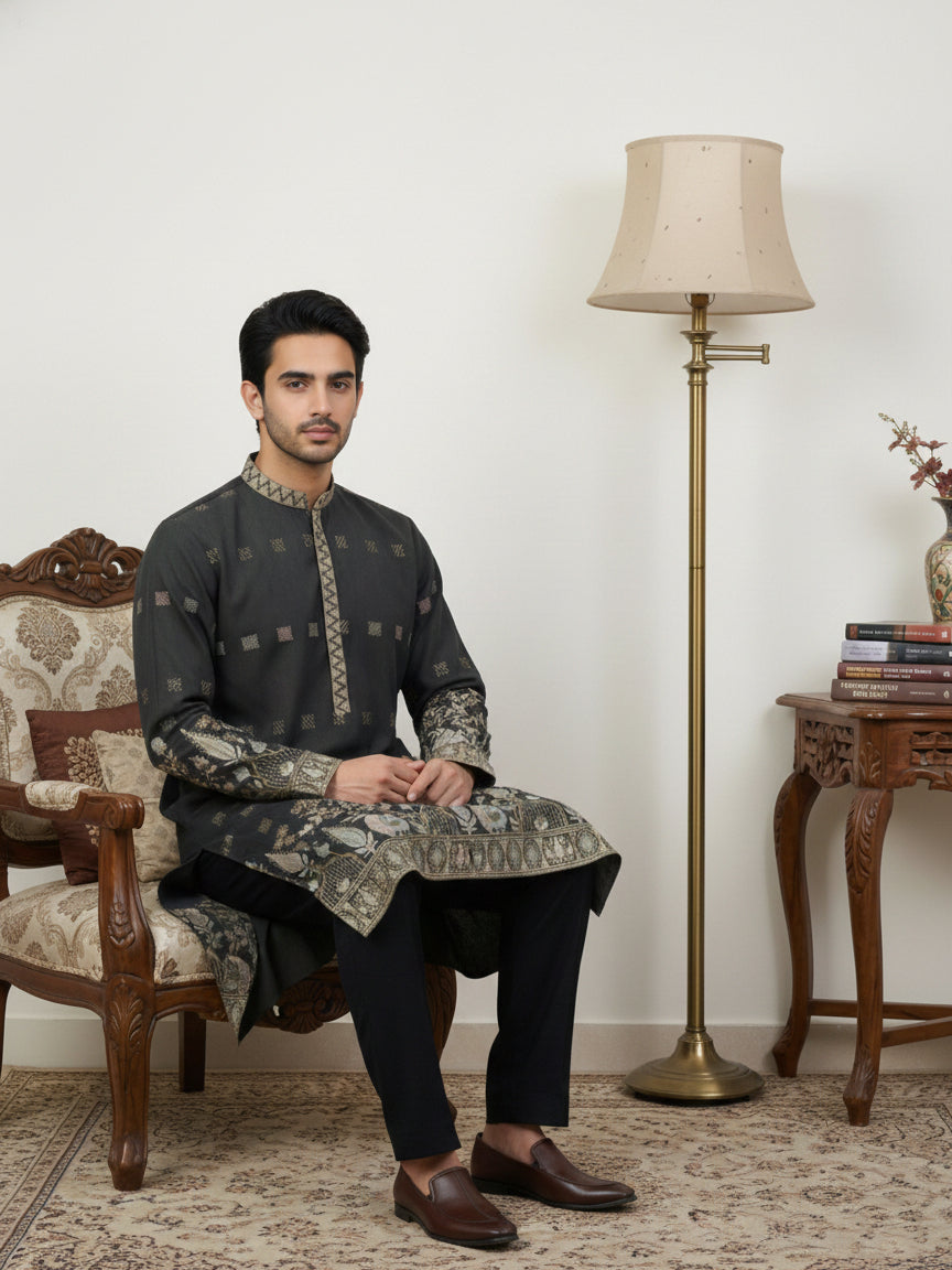 Men Silk Blend Embroidered Kurta Pyjama Set ( 65KP B-P 5458Black S )