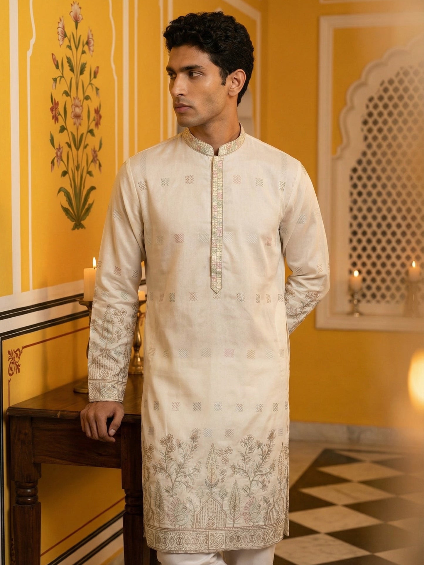Men Silk Blend Embroidered Kurta Pyjama Set ( 65KP P 5458White S ) [FF] [B-1-2]