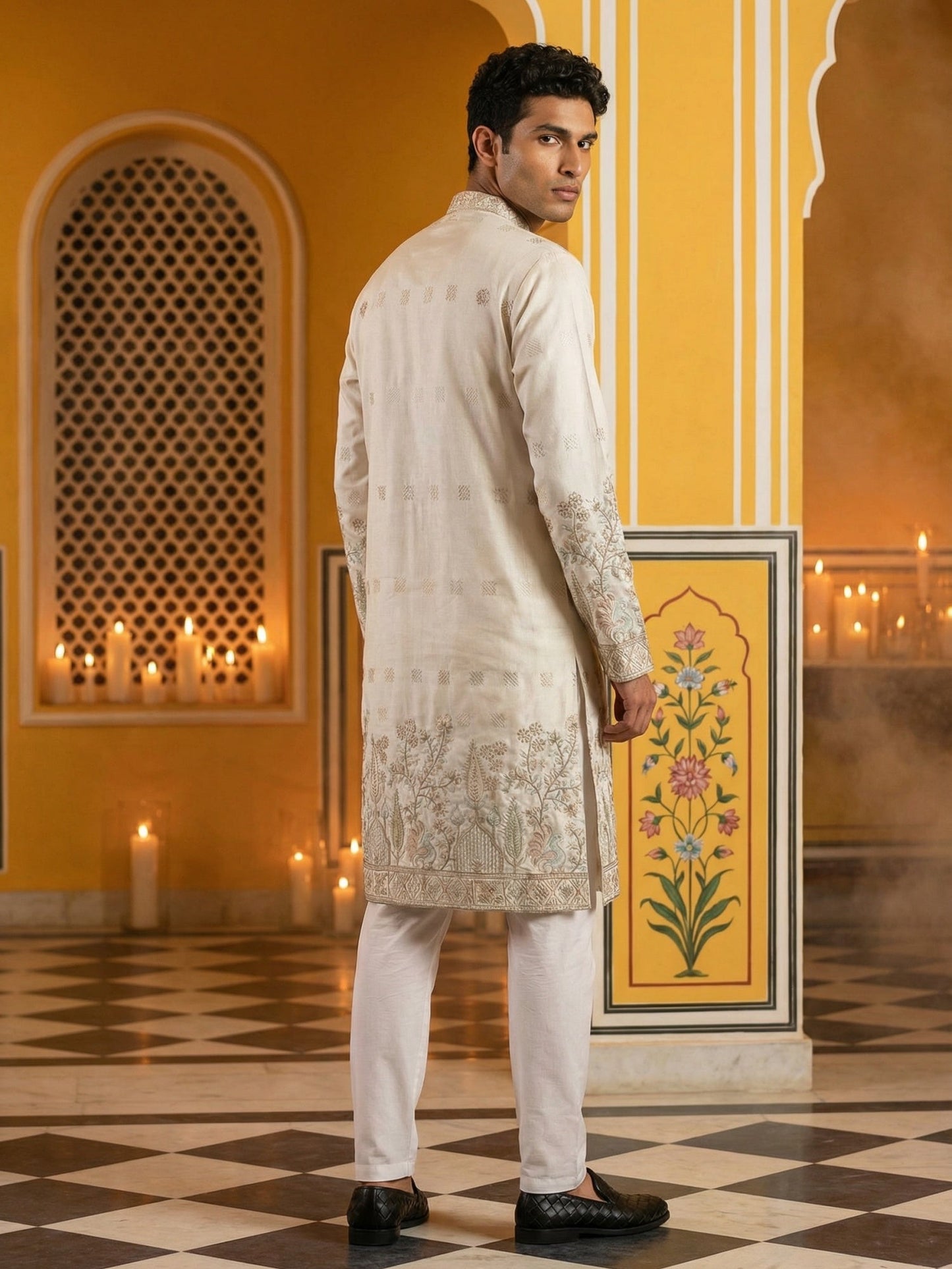 Men Silk Blend Embroidered Kurta Pyjama Set ( 65KP P 5458White S ) [FF] [B-1-2]