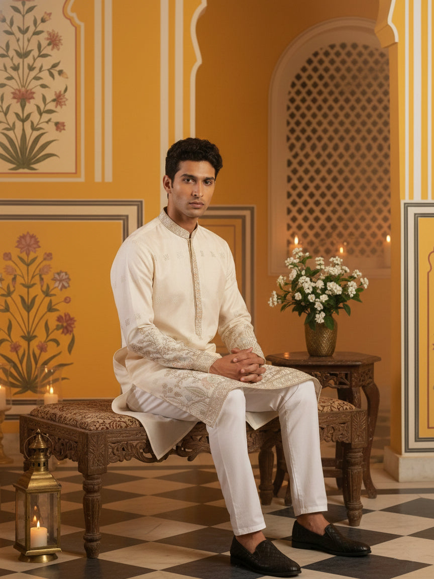 Men Silk Blend Embroidered Kurta Pyjama Set ( 65KP P 5458White S ) [FF] [B-1-2]