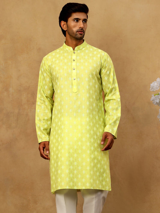 Classic Ethnic Print Cotton Blend Kurta Pyjama Set ( 65KP P 5459Green )